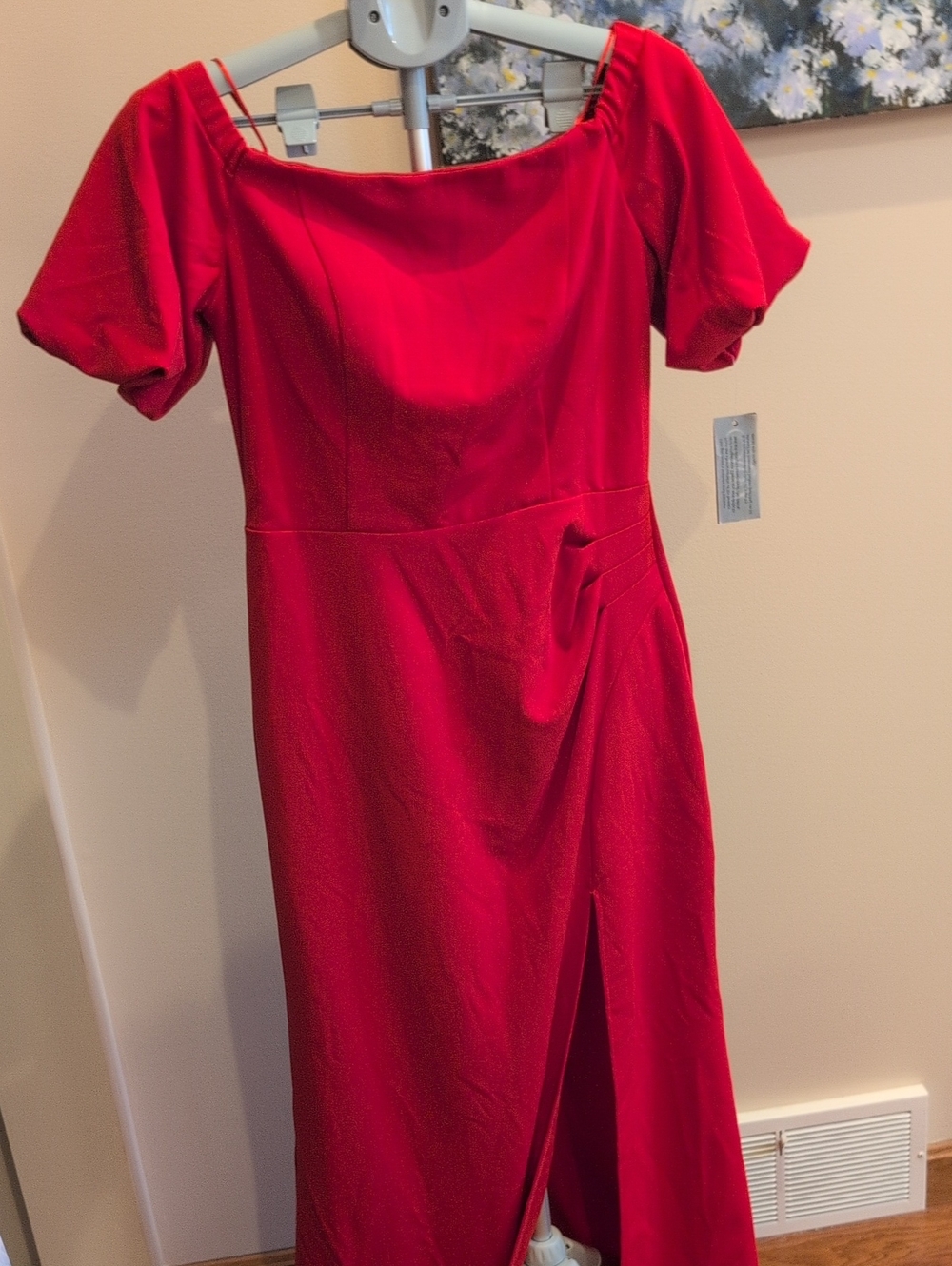 Alex Evening Red Off-Shoulder Maxi Dress with Side Slit